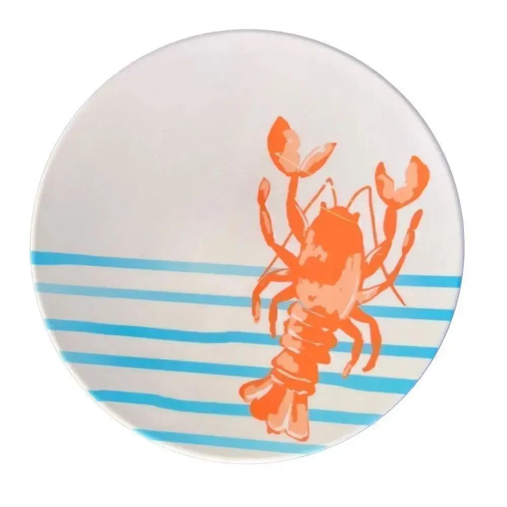 4-PIECE MELAMINE PLASTIC SET APPETIZER PLATES LOBSTER AQUA STRIPE DESIGN